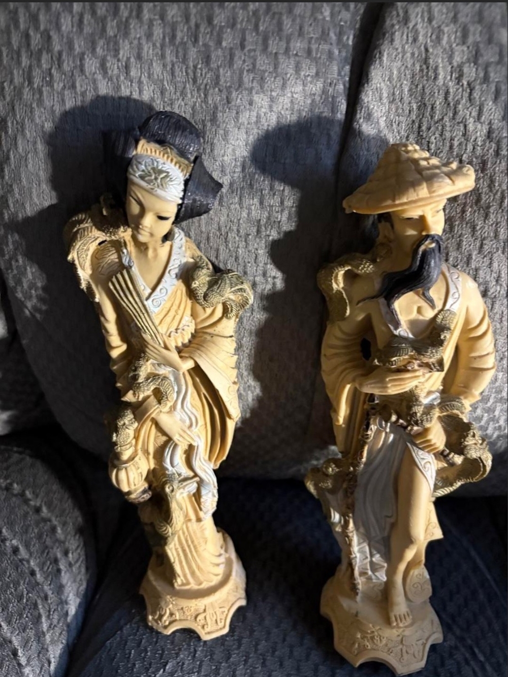 Vintage Oriental Figurine Set - Pair Hand Carved Alabaster & Resin Made In Italy